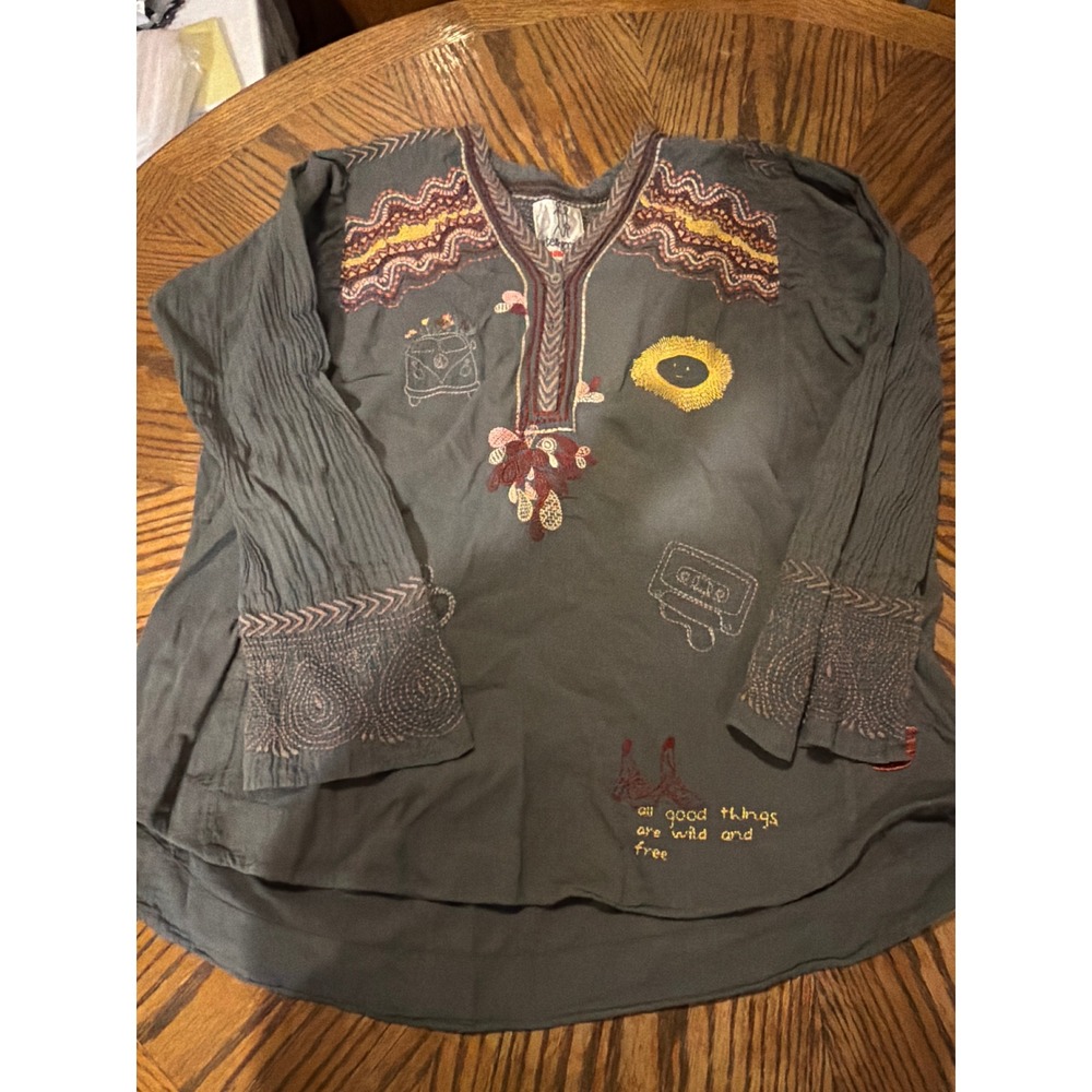 Pete & Greta Johnny Was Gray Embroidered Boho Tunic Top Long Sleeve Large